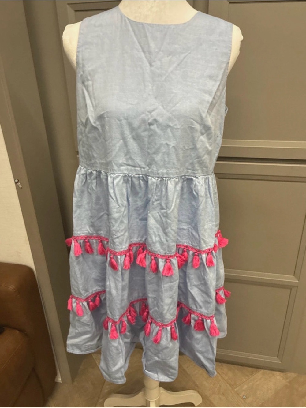 Eliza J Light Blue Midi Dress with Pink Tassel Trim